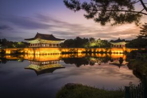 Donggung Palace and Wolji Pond lit up at night, Gyeongju